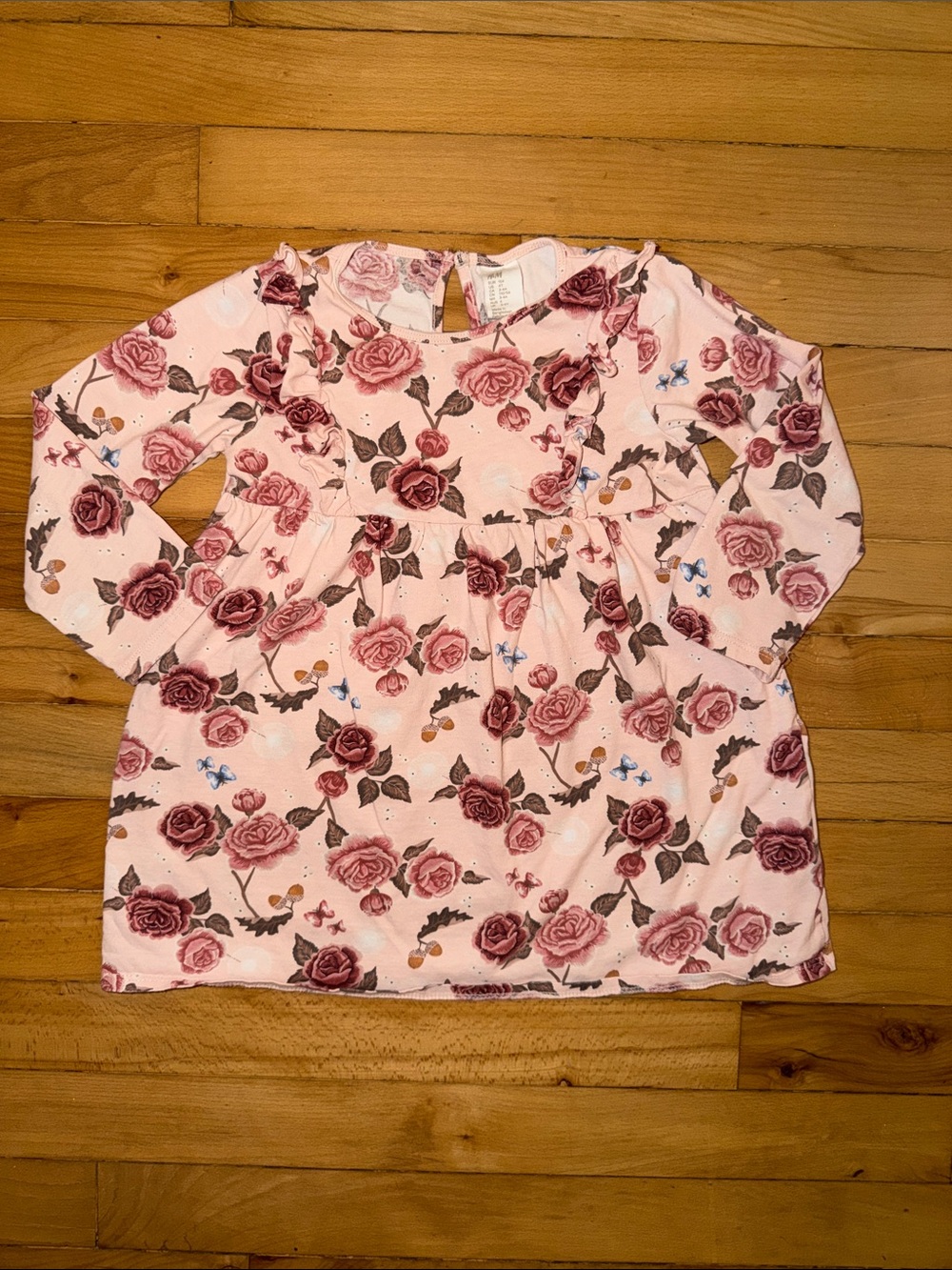 H&M Pink Rose Print Long-Sleeve Girls Dress Top